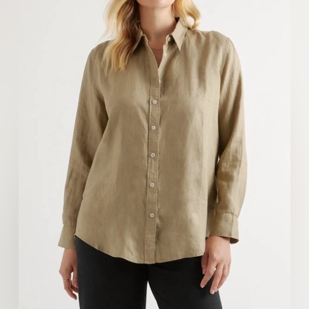 Quince Women's Linen Long Sleeve Button Down Shirt Washed Olive Green S Small